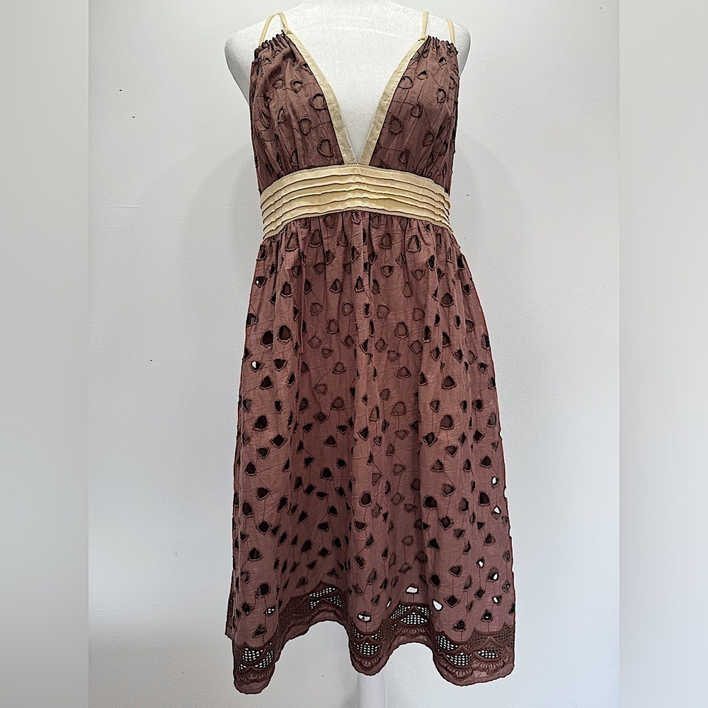 Pura Vida Taupe w Cream Trim Triangle Cutout Eyelet Plunging V Neck Mini Dress